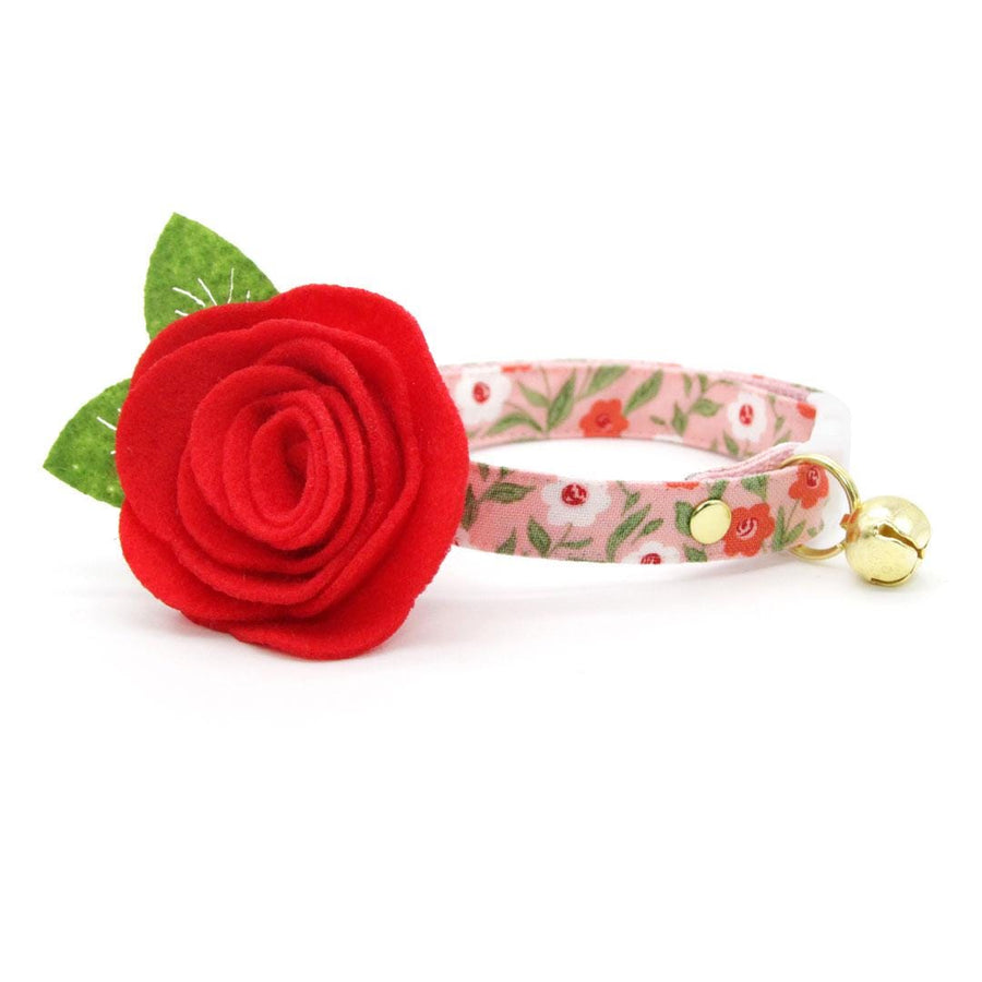 Cat Collar + Flower Set - "Posies" - Pink & Red Floral Cat Collar w/ Scarlet Felt Flower (Detachable) / Cat, Kitten + Small Dog Sizes