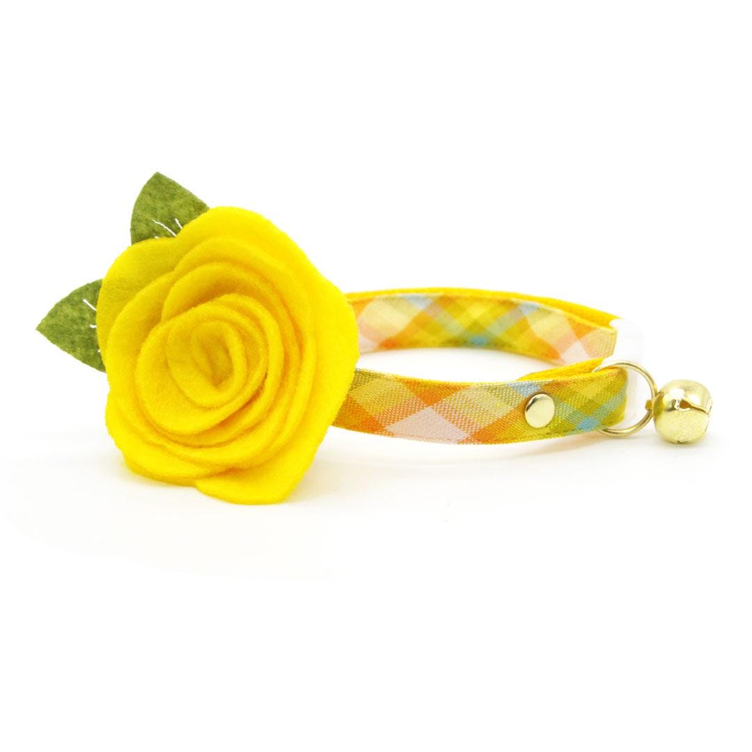 Cat Collar + Flower Set - "Sunny Day" - Spring Yellow Plaid Cat Collar w/ Buttercup Felt Flower (Detachable) / Cat, Kitten + Small Dog Sizes