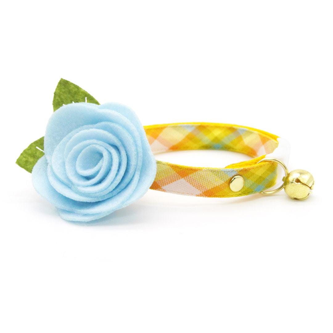 Cat Collar + Flower Set - "Sunny Day" - Yellow Plaid Cat Collar w/ Sky Blue Felt Flower (Detachable) / Cat, Kitten + Small Dog Sizes