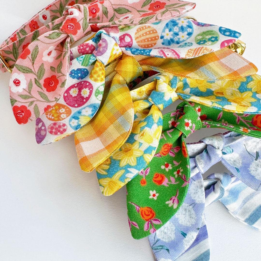 Cat Collar & Bunny Ear Bow Set - "Indigo Sky" - Striped Cat Collar w/ Matching Bunny Bow Tie / Spring, Easter, Derby, Nautical / Tie-On Scarf / Cat, Kitten + Small Dog Sizes