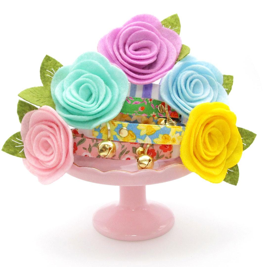 Cat Collar + Flower Set - "Egg Hunt" - Easter Egg Cat Collar w/ Buttercup Felt Flower (Detachable) / Cat, Kitten + Small Dog Sizes