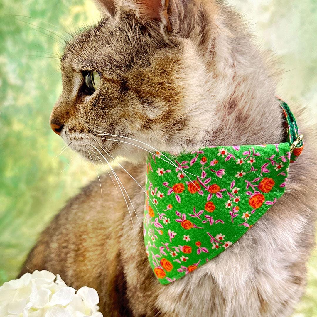 Cat Bandana - "Avonlea" - Garden Floral Green Bandana for Cat + Small Dog / St. Patrick's Day, Spring, Summer / Slide-On Over the Collar Bandana
