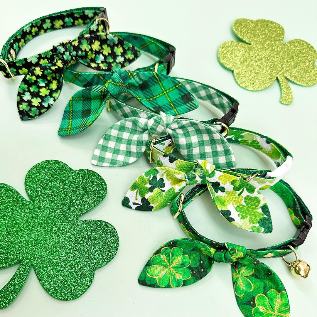 Cat Collar - "Irish Garden" - St. Patrick's Day Green Shamrock Cat Collar / Breakaway or Non-Breakaway / Lucky Clover / Cat + Small Dog