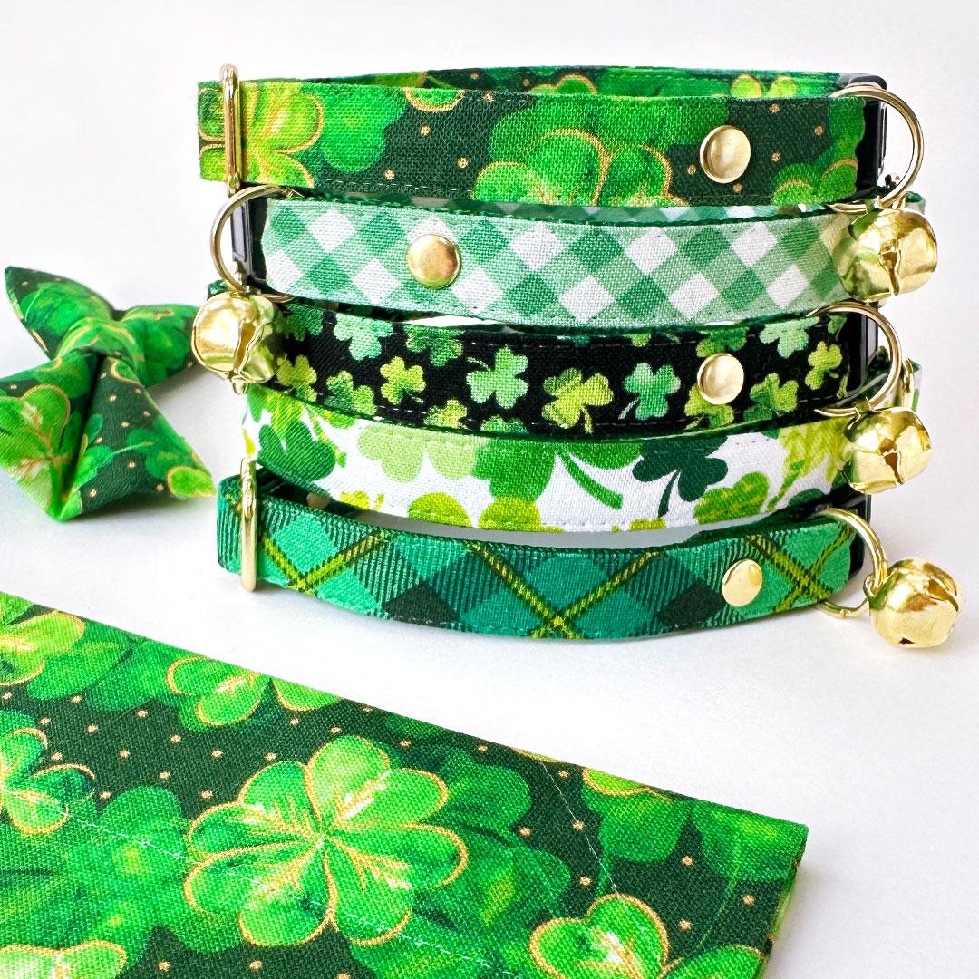 Cat Collar & Bunny Ear Bow Set - "Dublin" - St. Patrick's Day Green Plaid Cat Collar w/ Matching Bunny Bow Tie / Tie-On Scarf / Cat, Kitten + Small Dog Sizes