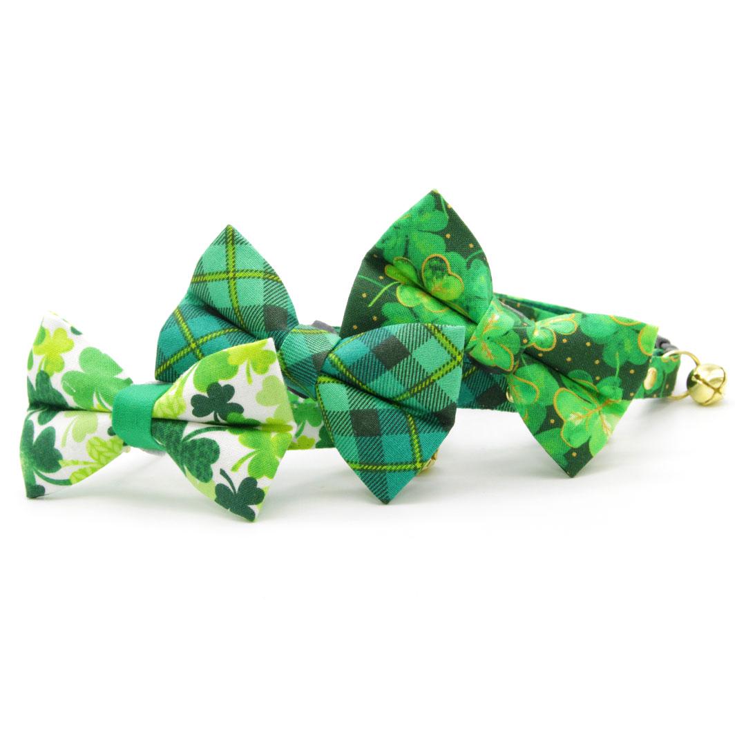 Cat Collar & Bunny Ear Bow Set - "Dublin" - St. Patrick's Day Green Plaid Cat Collar w/ Matching Bunny Bow Tie / Tie-On Scarf / Cat, Kitten + Small Dog Sizes