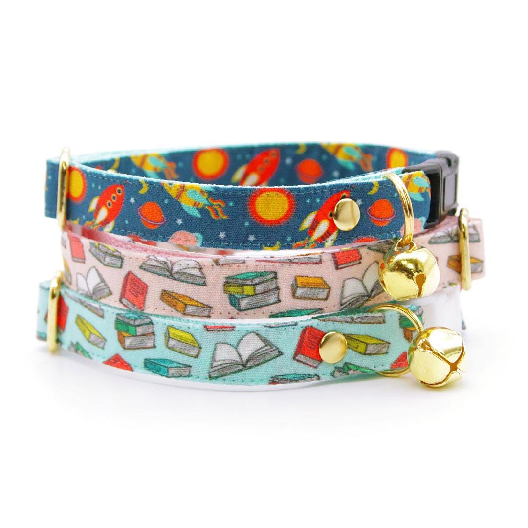 Bow Tie Cat Collar Set - "Book Lover - Blue" - Book Cat Collar with Bow Tie / Literary, School Teacher, Book Club, Reader Writer / Cat, Kitten, Small Dog Sizes