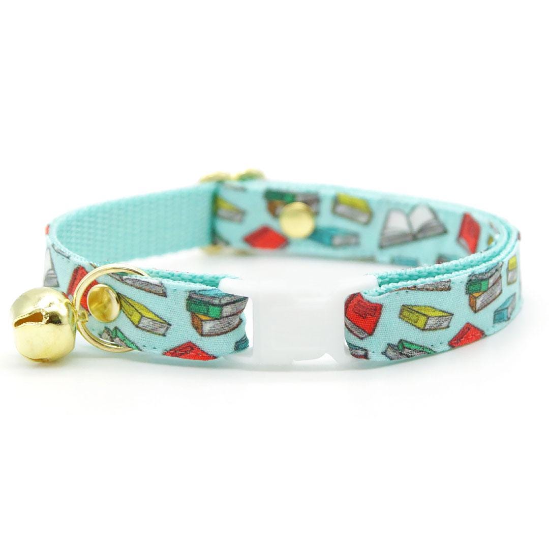 Cat Collar + Flower Set - "Book Lover - Blue" - Book Cat Collar + Scarlet Red Felt Flower (Detachable) / Cat, Kitten + Small Dog Sizes