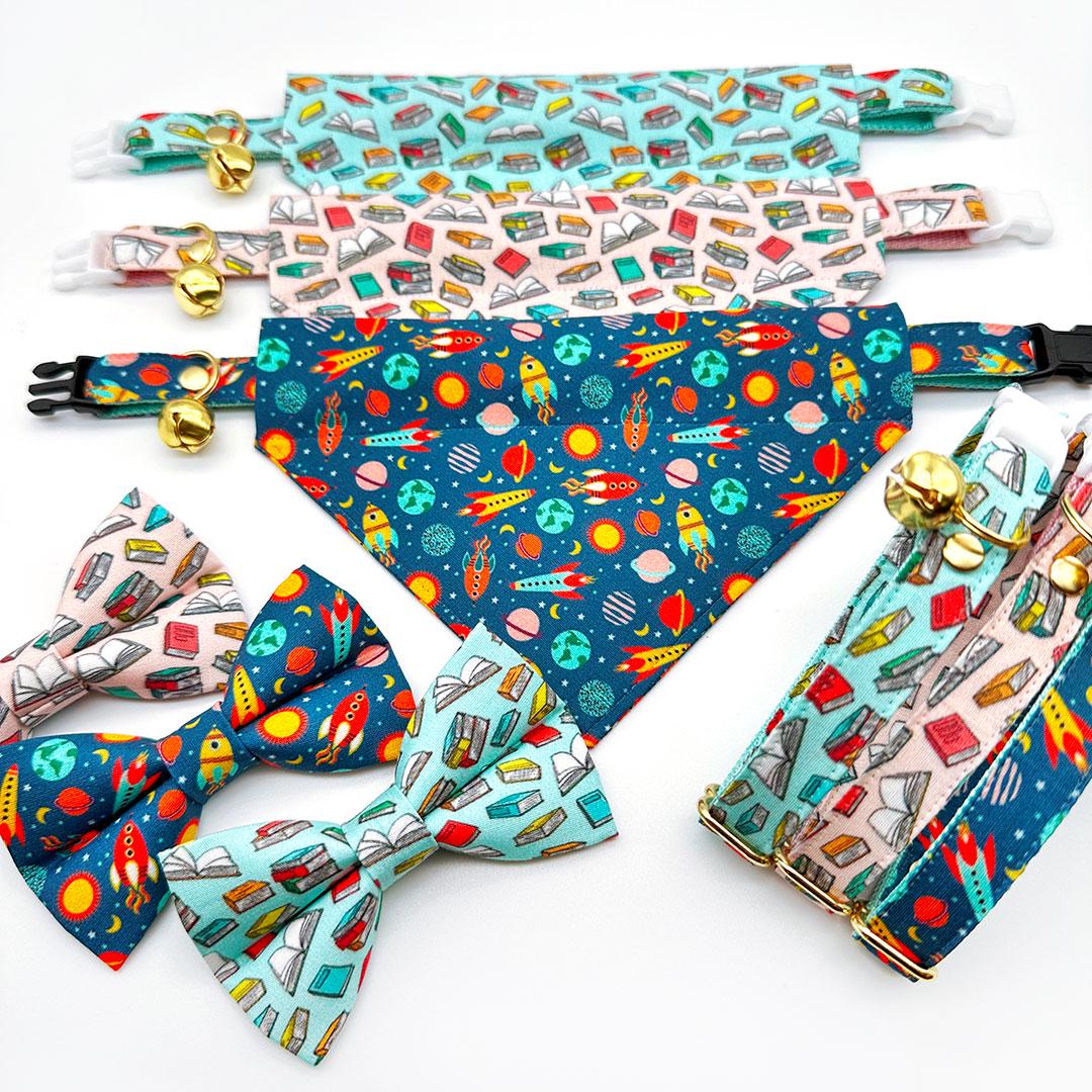 Cat Collar + Flower Set - "Book Lover - Blue" - Book Cat Collar + Teal Felt Flower (Detachable) / Cat, Kitten + Small Dog Sizes