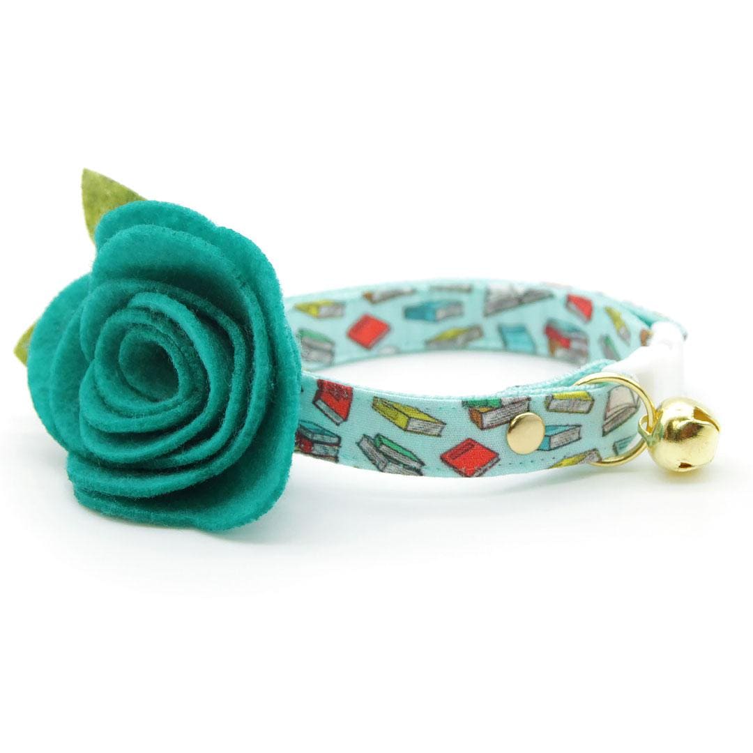 Cat Collar + Flower Set - "Book Lover - Blue" - Book Cat Collar + Teal Felt Flower (Detachable) / Cat, Kitten + Small Dog Sizes