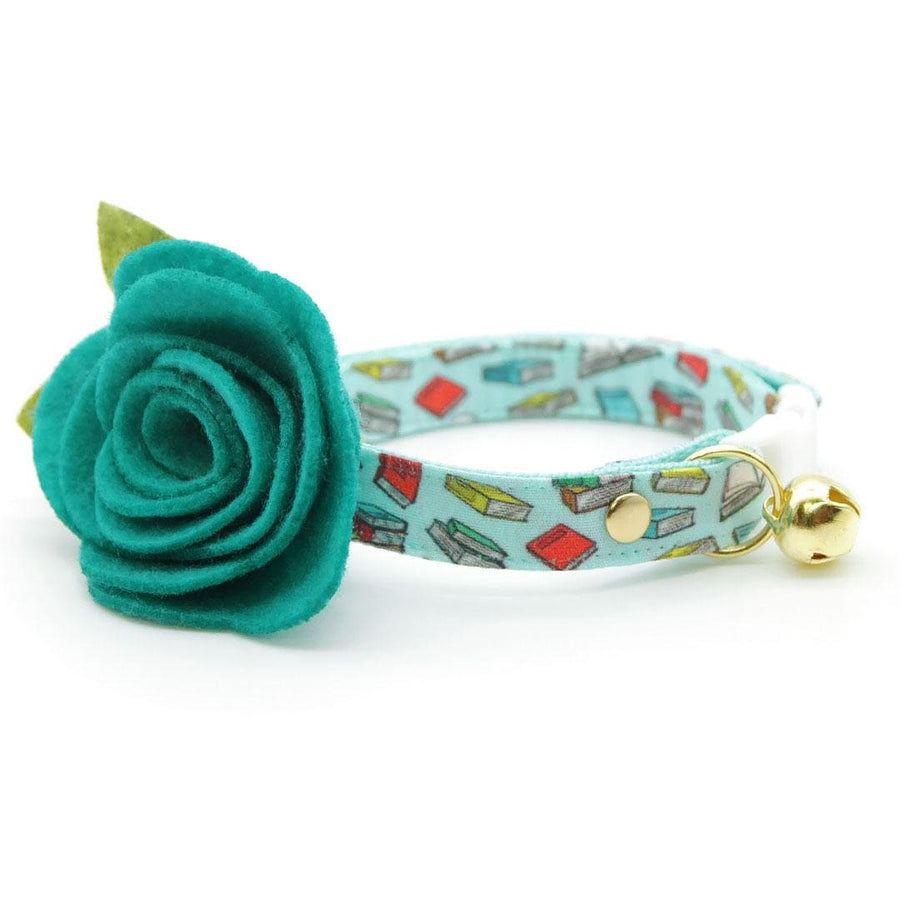 Cat Collar + Flower Set - "Book Lover - Blue" - Book Cat Collar + Teal Felt Flower (Detachable) / Cat, Kitten + Small Dog Sizes
