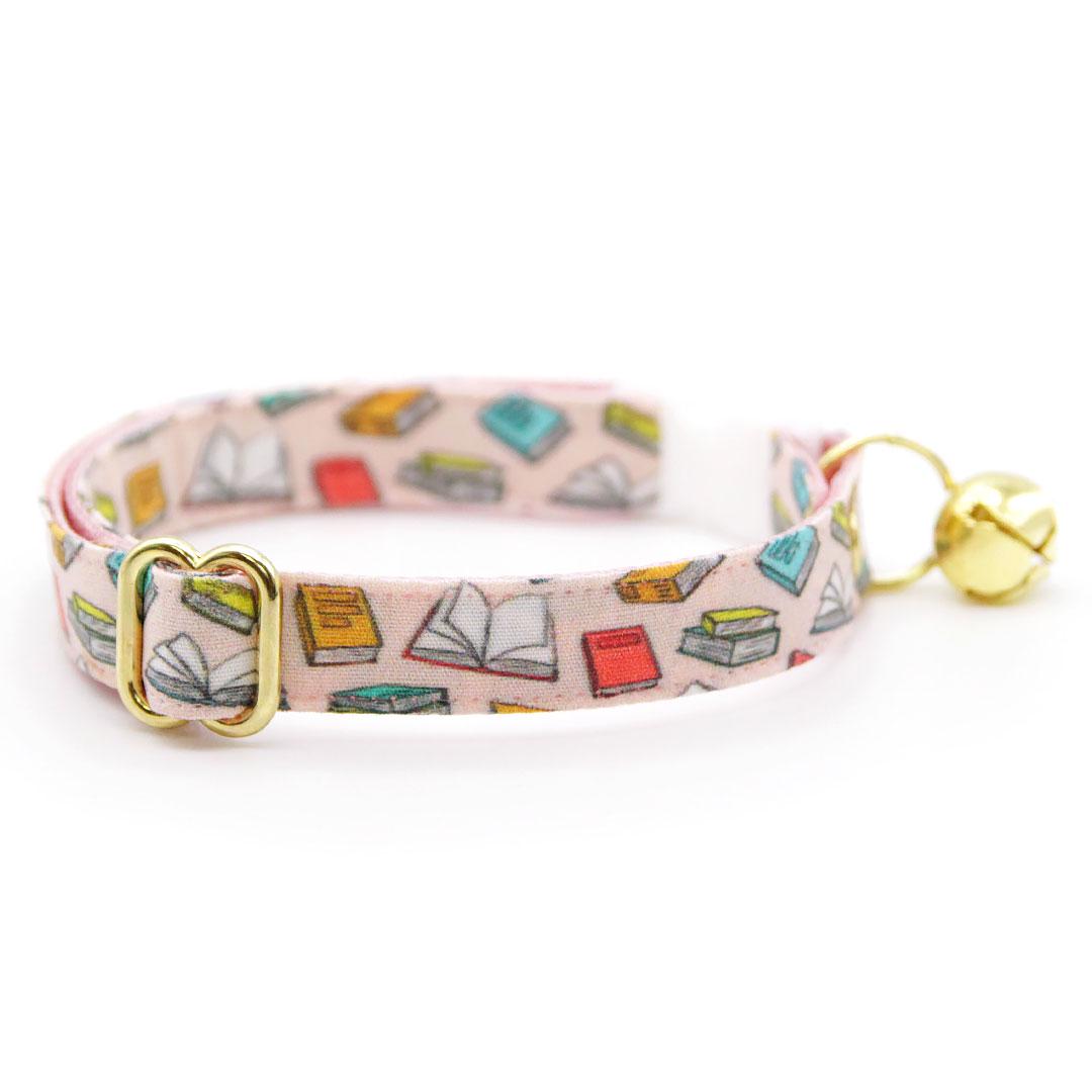 Cat Collar + Flower Set - "Book Lover - Pink" - Book Cat Collar + Scarlet Red Felt Flower (Detachable) / Cat, Kitten + Small Dog Sizes