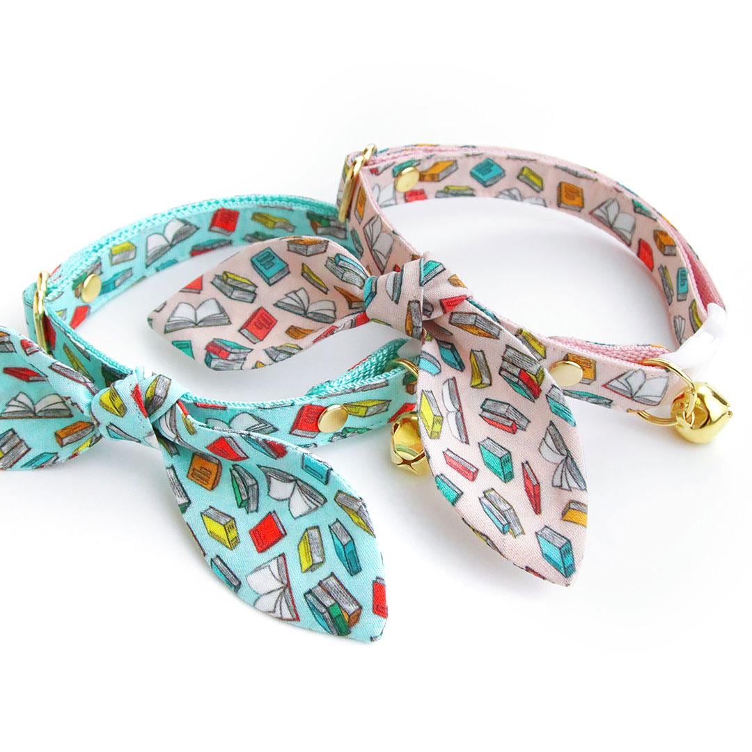 Cat Collar & Bunny Ear Bow Set - "Book Lover - Blue" - Book Cat Collar w/ Matching Bunny Bow Tie / Tie-On Scarf / Library, School Teacher, Reader, Book Club, Literary / Cat, Kitten + Small Dog Sizes