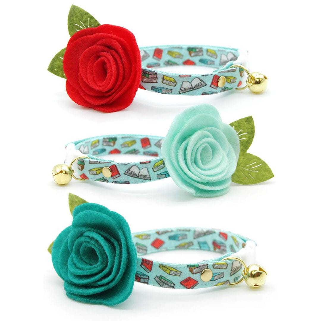 Cat Collar - "Book Lover - Blue" - Book Cat Collar / Breakaway or Non-Breakaway / Reader Gift, Librarian, School Teacher, Book Club / Cat, Kitten + Small Dog Sizes