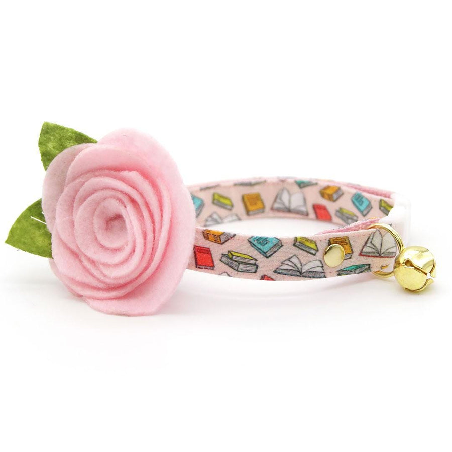 Cat Collar + Flower Set - "Book Lover - Pink" - Book Cat Collar + Baby Pink Felt Flower (Detachable) / Cat, Kitten + Small Dog Sizes