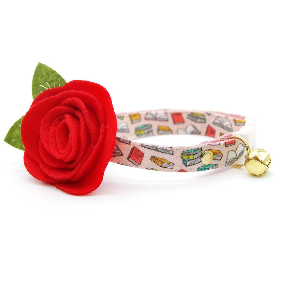 Cat Collar + Flower Set - "Book Lover - Pink" - Book Cat Collar + Scarlet Red Felt Flower (Detachable) / Cat, Kitten + Small Dog Sizes