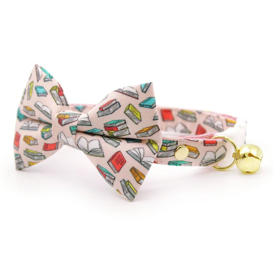 Bow Tie Cat Collar Set - "Book Lover - Pink" - Book Cat Collar with Bow Tie / School Teacher, Book Club, Librarian, Bookish / Cat, Kitten, Small Dog Sizes