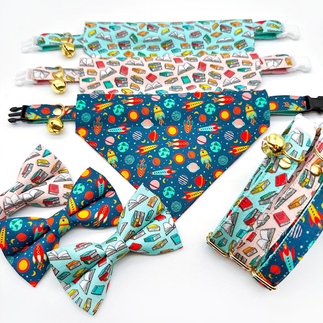Bow Tie Cat Collar Set - "Book Lover - Blue" - Book Cat Collar with Bow Tie / Literary, School Teacher, Book Club, Reader Writer / Cat, Kitten, Small Dog Sizes