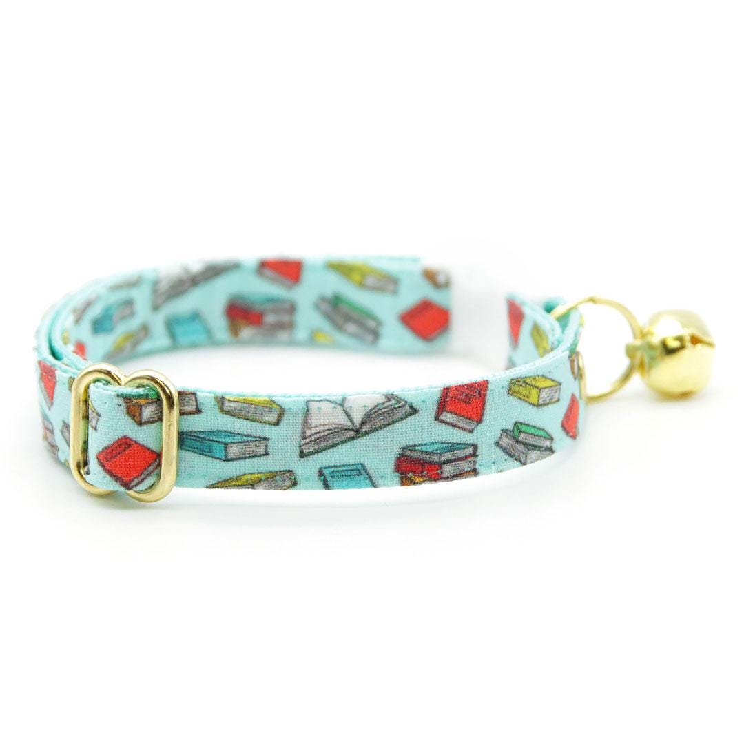 Cat Collar + Flower Set - "Book Lover - Blue" - Book Cat Collar + Scarlet Red Felt Flower (Detachable) / Cat, Kitten + Small Dog Sizes