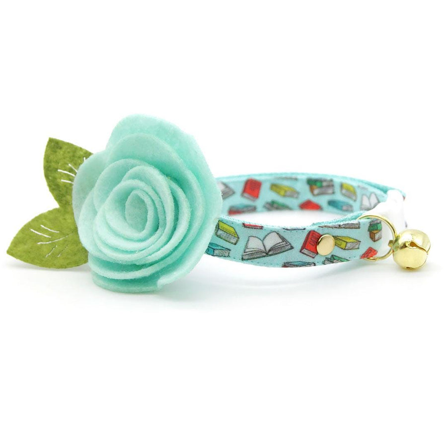 Cat Collar + Flower Set - "Book Lover - Blue" - Book Cat Collar + Mint Felt Flower (Detachable) / Cat, Kitten + Small Dog Sizes