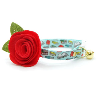 Cat Collar + Flower Set - "Book Lover - Blue" - Book Cat Collar w/ Scarlet Red Felt Flower (Detachable) / Cat, Kitten + Small Dog Sizes - Adult Cat (8-13) / Breakaway / Gold
