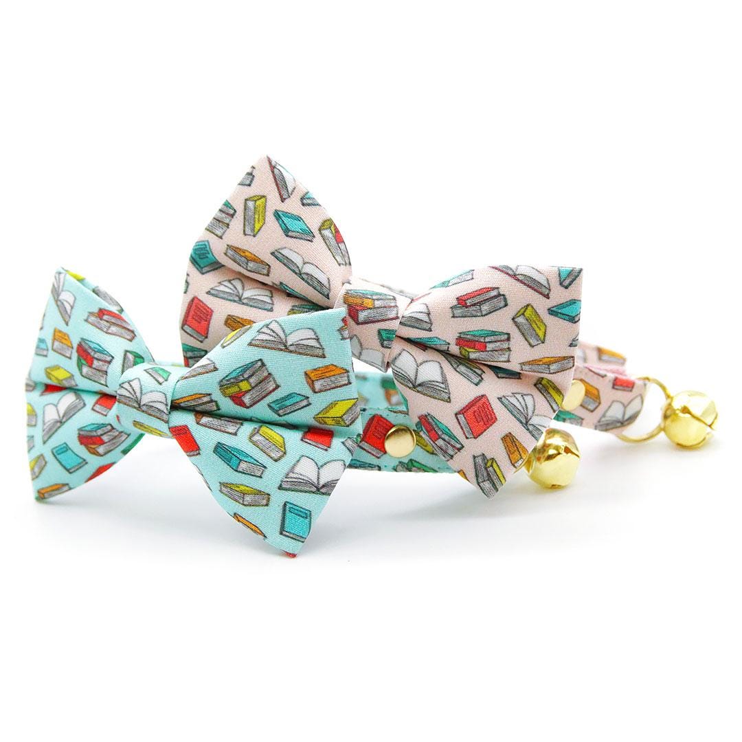 Bow Tie Cat Collar Set - "Book Lover - Blue" - Book Cat Collar with Bow Tie / Literary, School Teacher, Book Club, Reader Writer / Cat, Kitten, Small Dog Sizes