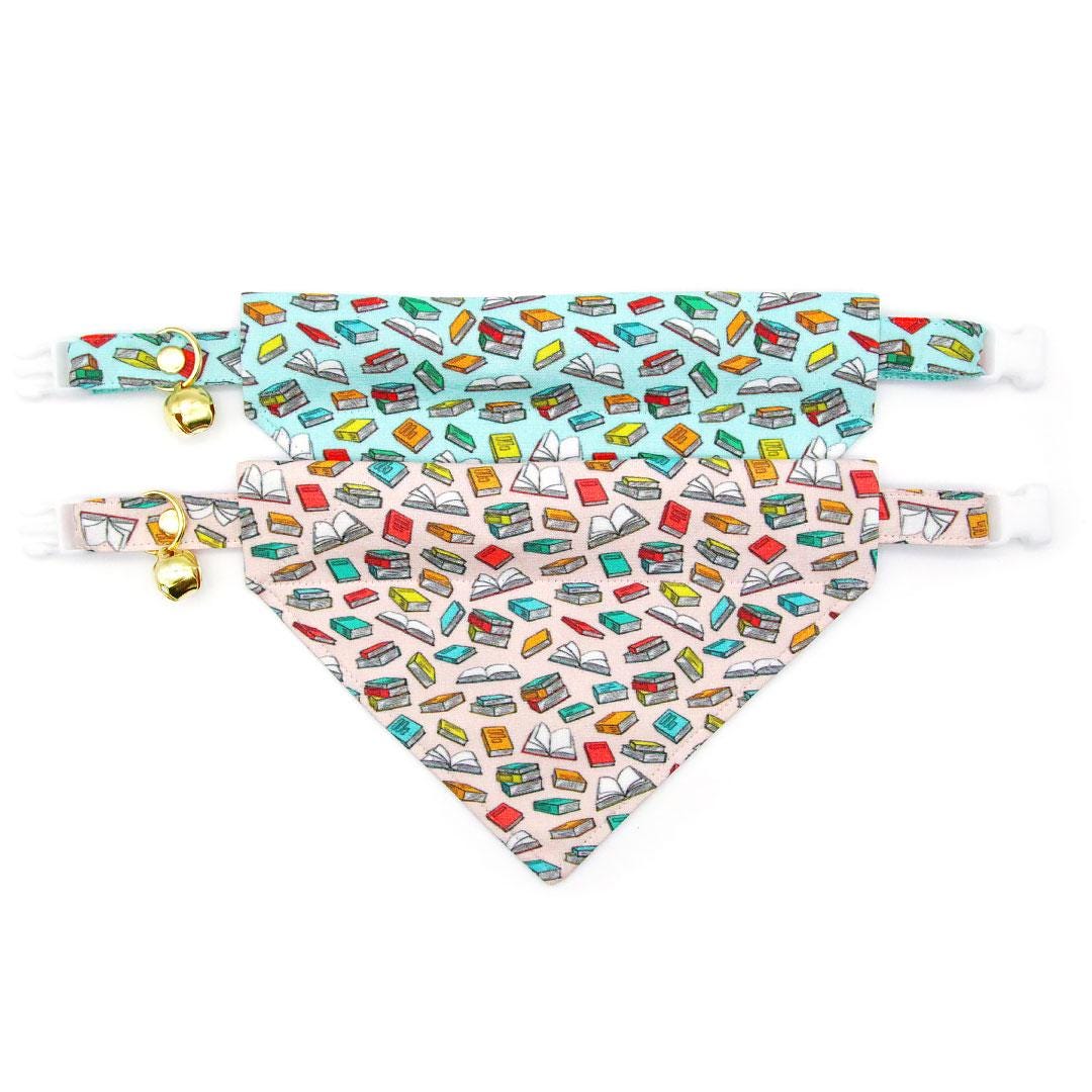 Cat Bandana - "Book Lover - Pink" - Book Bandana for Cat + Small Dog / Gift for Reader, School Teacher, Book Club, Librarian, Writer / Slide-On Over the Collar Bandana