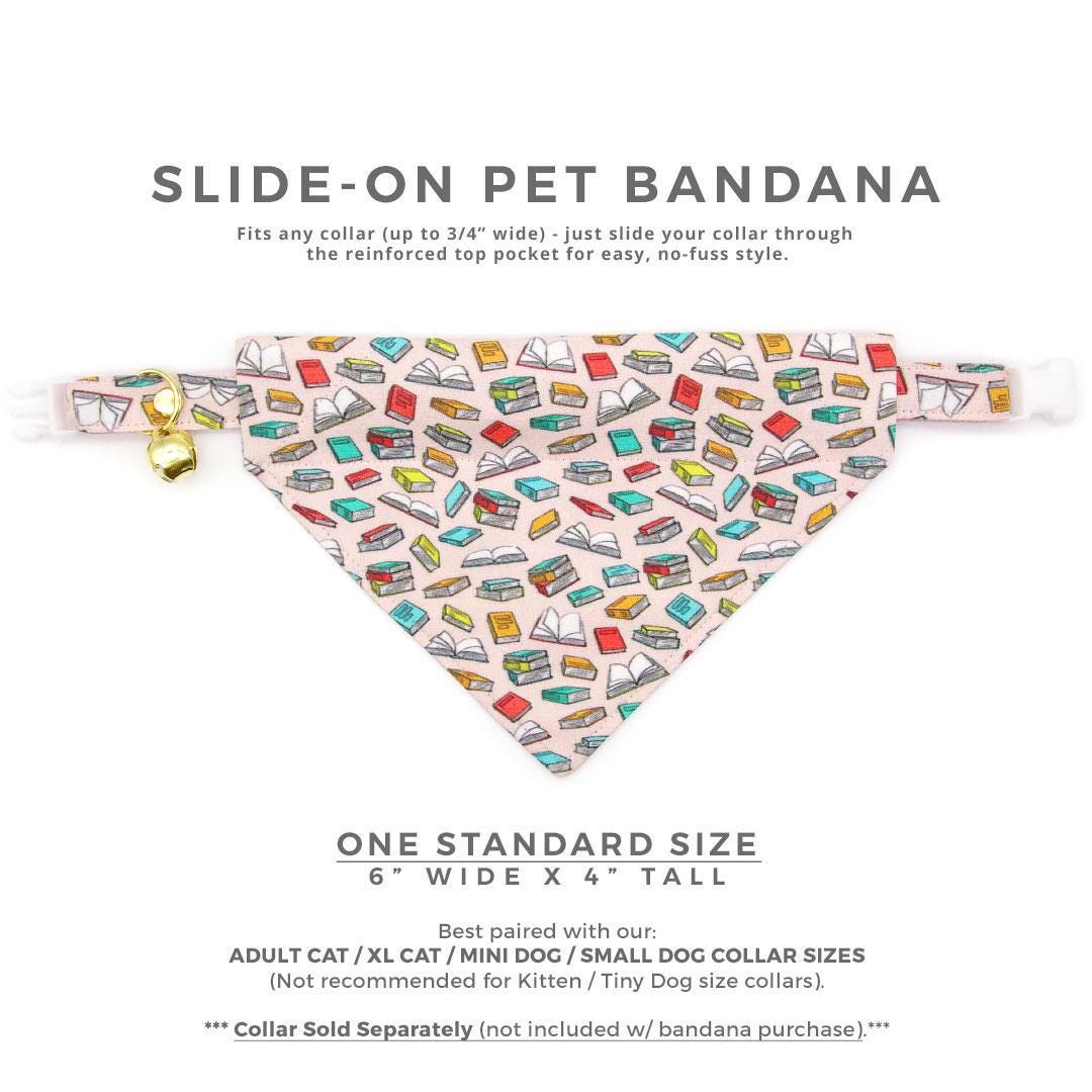 Cat Bandana - "Book Lover - Pink" - Book Bandana for Cat + Small Dog / Gift for Reader, School Teacher, Book Club, Librarian, Writer / Slide-On Over the Collar Bandana
