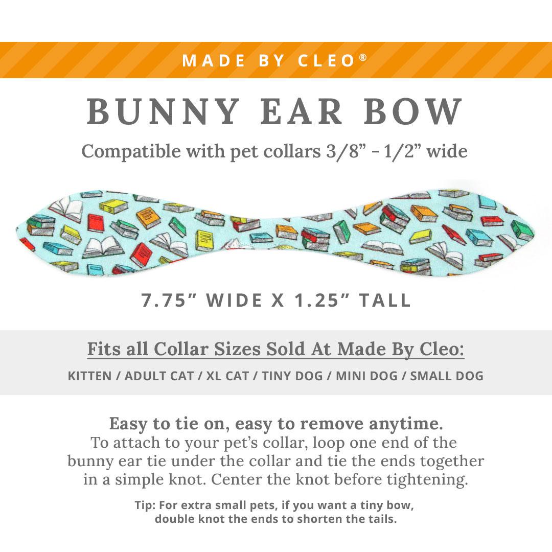 Cat Collar & Bunny Ear Bow Set - "Book Lover - Blue" - Book Cat Collar w/ Matching Bunny Bow Tie / Tie-On Scarf / Library, School Teacher, Reader, Book Club, Literary / Cat, Kitten + Small Dog Sizes