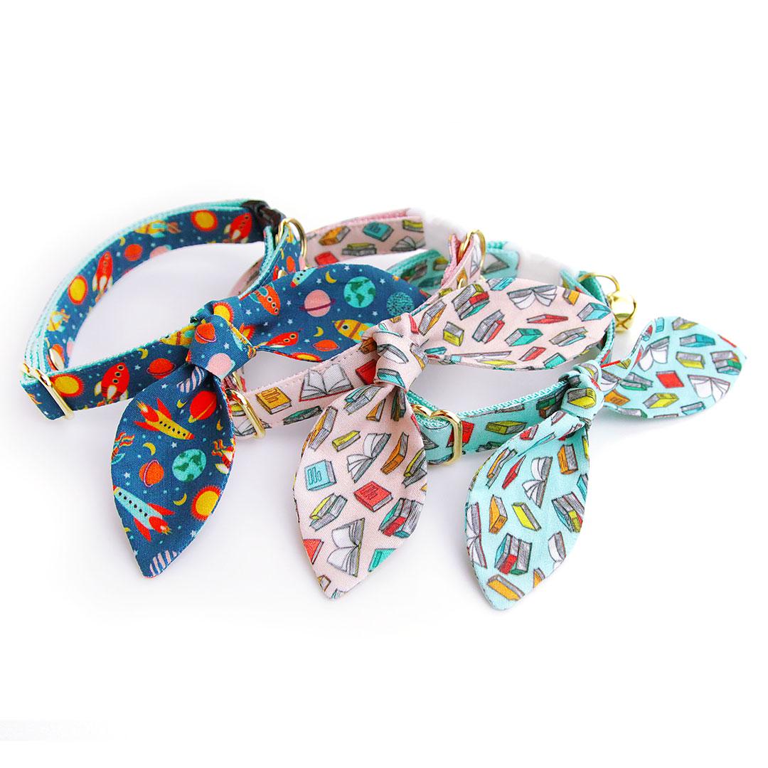 Cat Collar & Bunny Ear Bow Set - "Book Lover - Blue" - Book Cat Collar w/ Matching Bunny Bow Tie / Tie-On Scarf / Library, School Teacher, Reader, Book Club, Literary / Cat, Kitten + Small Dog Sizes