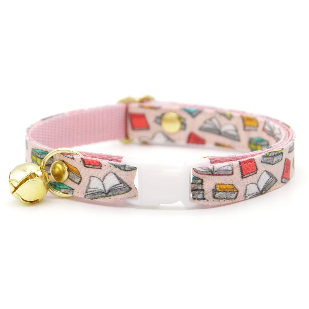 Cat Collar & Bunny Ear Bow Set - "Book Lover - Pink" - Book Cat Collar w/ Matching Bunny Bow Tie / Tie-On Scarf / Librarian, School Teacher, Reader, Book Club, Bookish / Cat, Kitten + Small Dog Sizes
