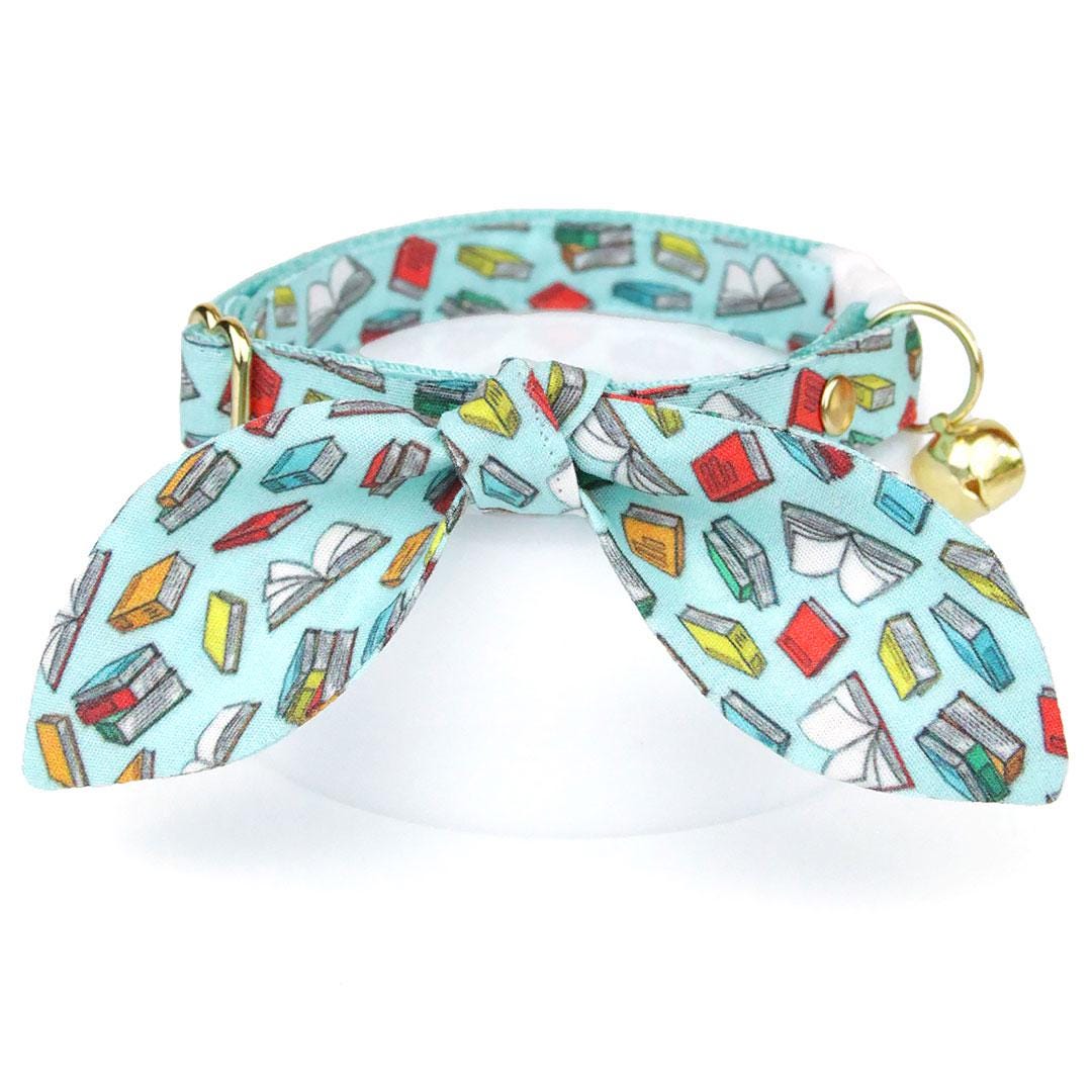 Cat Collar - "Book Lover - Blue" - Book Cat Collar / Breakaway or Non-Breakaway / Reader Gift, Librarian, School Teacher, Book Club / Cat, Kitten + Small Dog Sizes