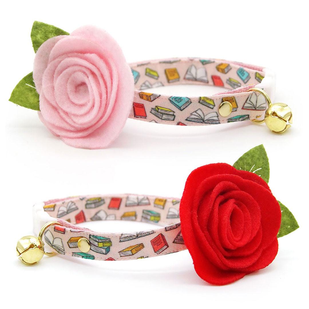 Cat Collar - "Book Lover - Pink" - Book Cat Collar / Breakaway or Non-Breakaway / Literary, Bookish, Reader, Library, School, Book Club / Cat, Kitten + Small Dog Sizes