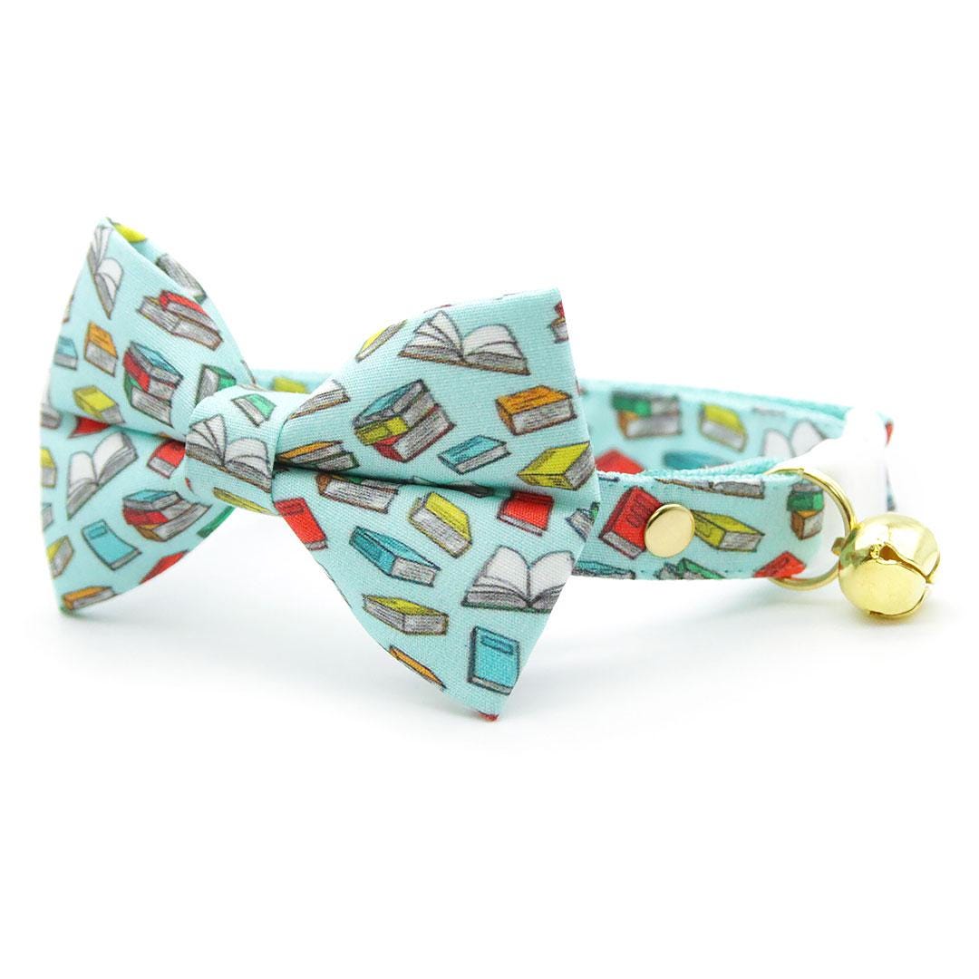 Bow Tie Cat Collar Set - "Book Lover - Blue" - Book Cat Collar with Bow Tie / Literary, School Teacher, Book Club, Reader Writer / Cat, Kitten, Small Dog Sizes