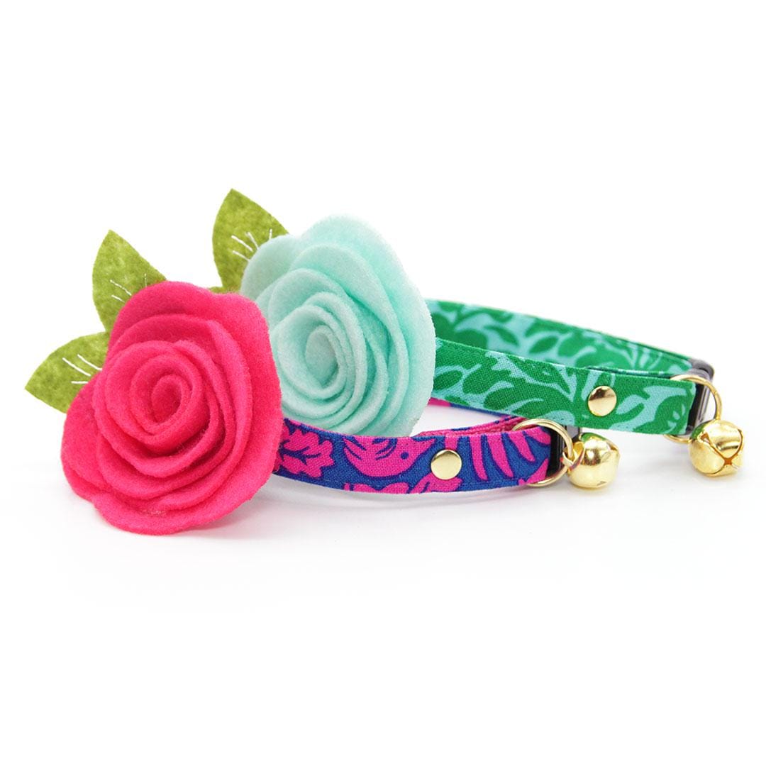 Cat Collar + Flower Set - "Cabana Green" - Tropical Hawaiian Cat Collar w/ Mint Felt Flower (Detachable) / Cat, Kitten + Small Dog Sizes