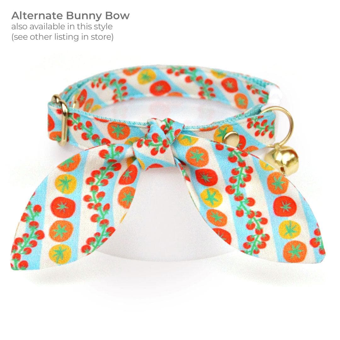 Tomato Cat Bow Tie - "Tomato Trellis" - Groovy Striped Garden Tomatoes Bow Tie for Cat Collar / Summer Fruits & Veggies, Retro 70s / Cat, Kitten + Small Dog Bowtie