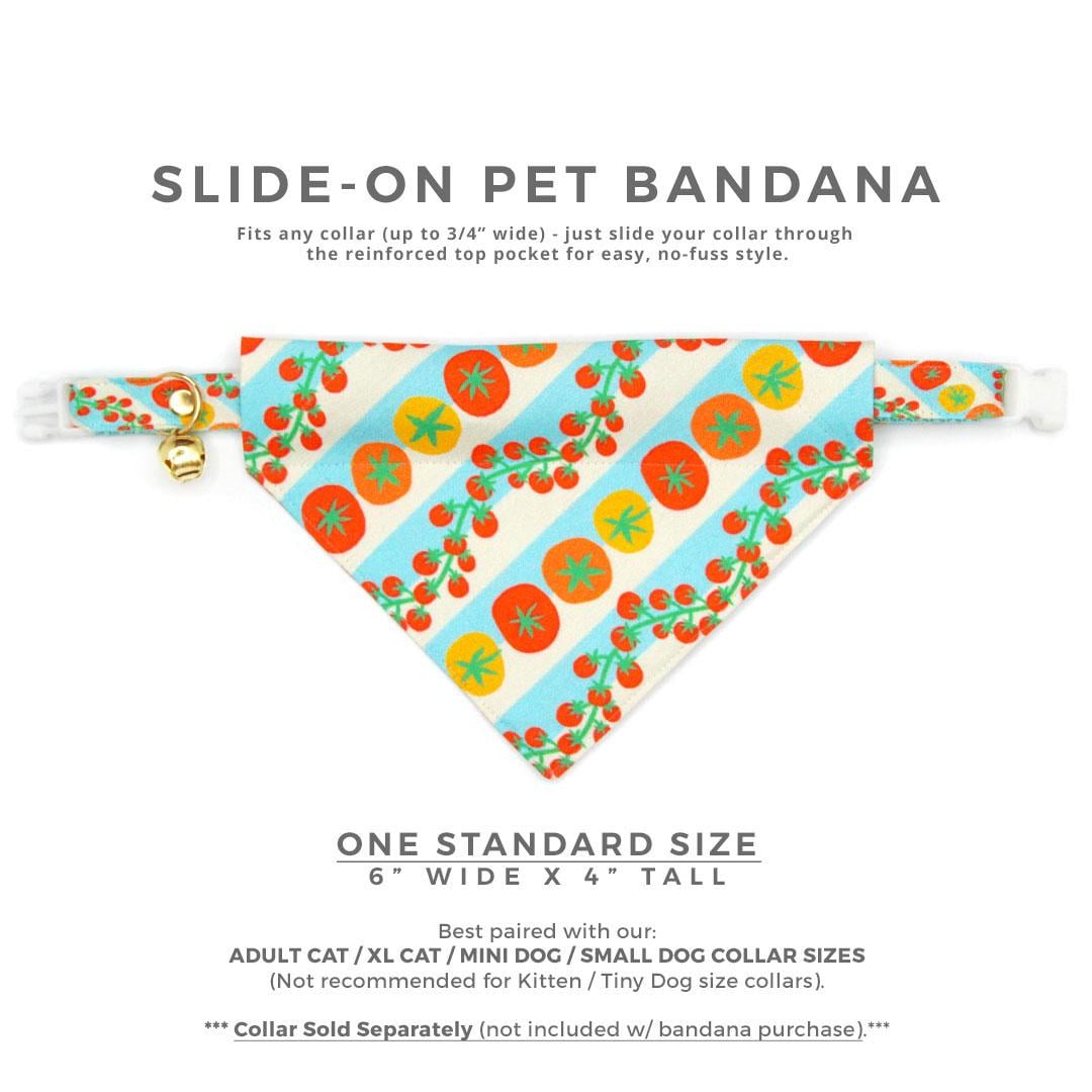 Tomato Cat Bandana - "Tomato Trellis" - Retro Striped Garden Cherry Tomatoes Bandana for Cat + Small Dog / Spring, Summer, Groovy 70s Retro / Slide-on Bandana / Over-the-Collar