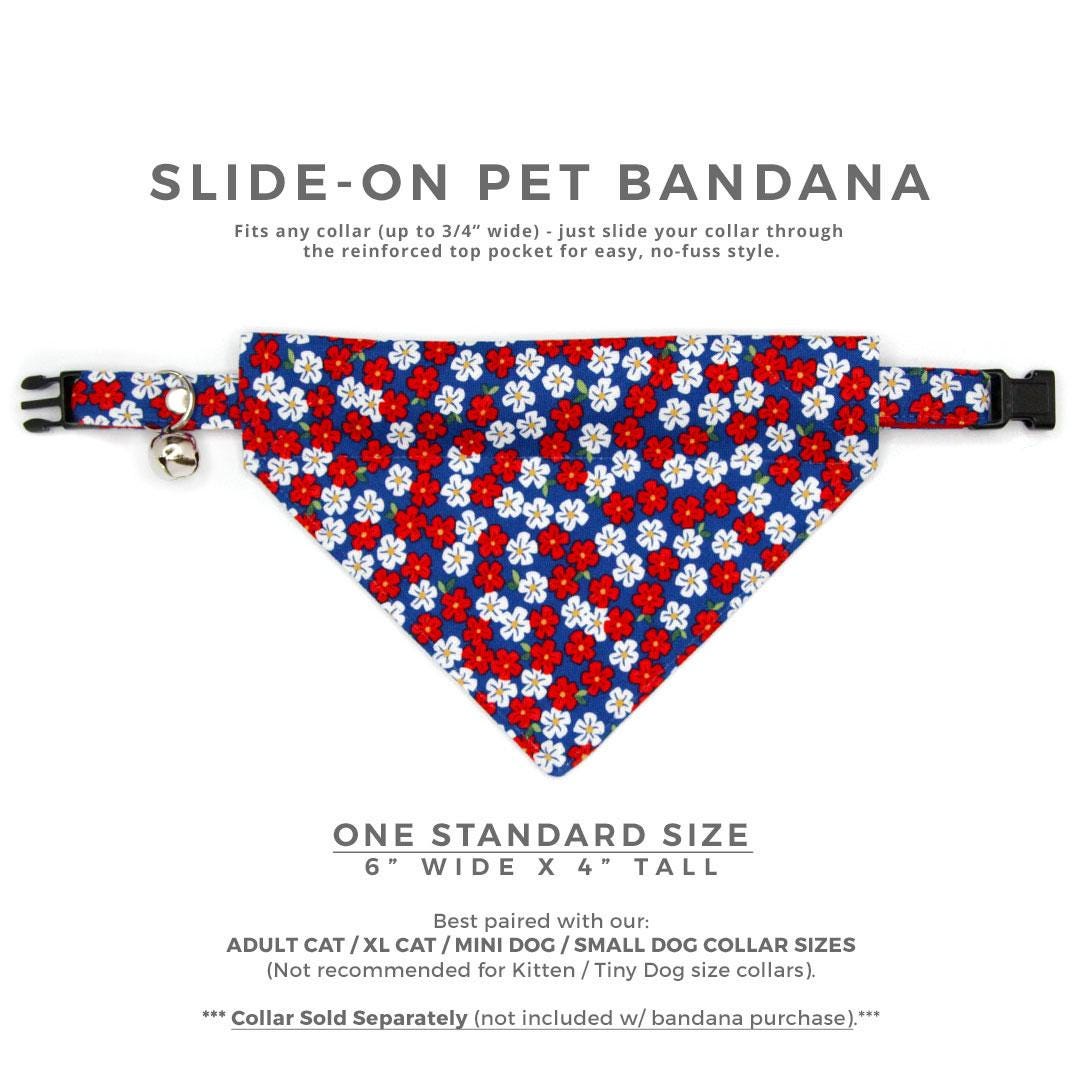 4th of July Cat Bandana - "Red White & Bloom" - Blue Red Floral Bandana for Cat + Small Dog / Patriotic, Independence Day, Summer / Slide-on Bandana / Over-the-Collar
