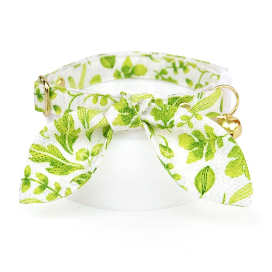 Cat Collar & Bunny Ear Bow Set - "Herb Garden" - Botanical Green Leaf Cat Collar w/ Matching Bunny Bow Tie / Tie-On Scarf / Cat, Kitten + Small Dog Sizes