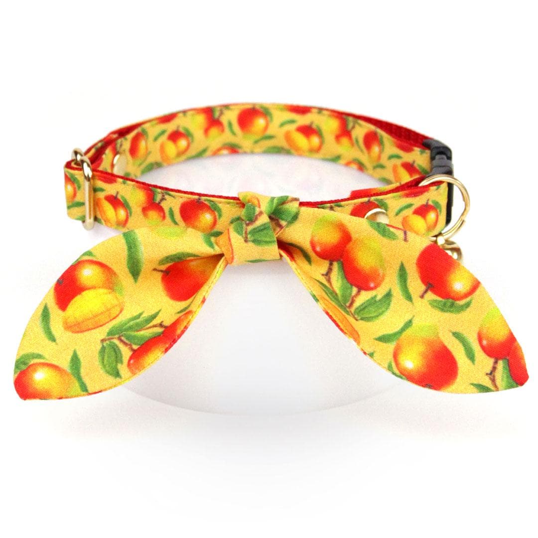 Cat Collar & Bunny Ear Bow Set - "Mango Tango" - Yellow Fruit Mango Cat Collar w/ Matching Bunny Bow Tie / Tie-On Scarf / Cat, Kitten + Small Dog Sizes