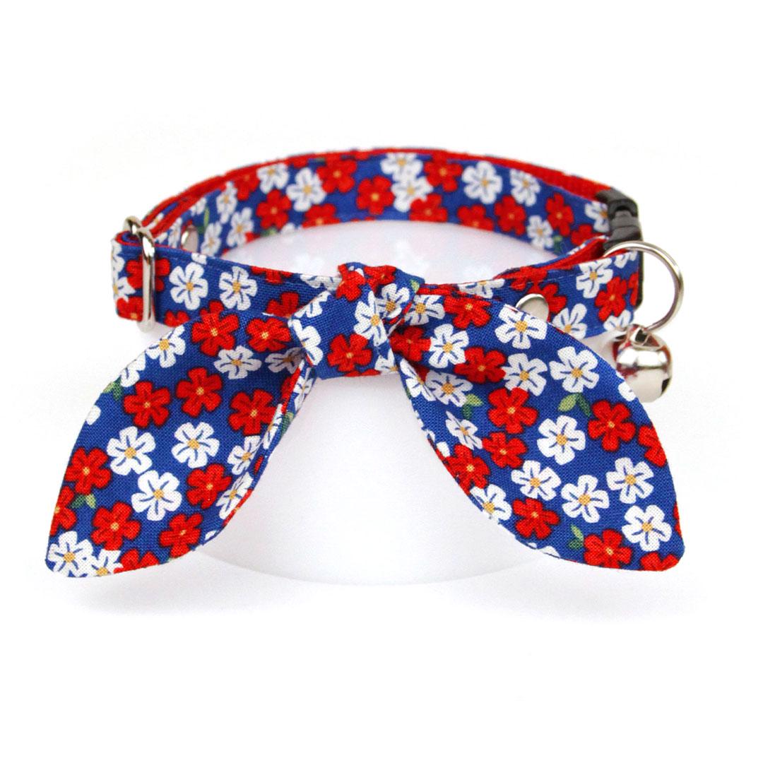 Cat Collar - "Red White & Bloom" - Blue Red Floral Cat Collar / 4th of July, Patriotic, Summer / Breakaway Buckle or Non-Breakaway / Cat, Kitten + Small Dog Sizes