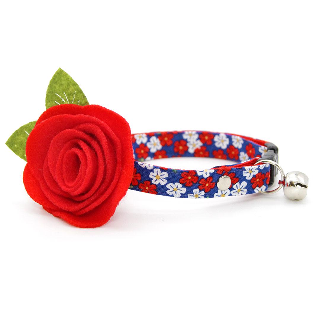 Cat Collar - "Red White & Bloom" - Blue Red Floral Cat Collar / 4th of July, Patriotic, Summer / Breakaway Buckle or Non-Breakaway / Cat, Kitten + Small Dog Sizes