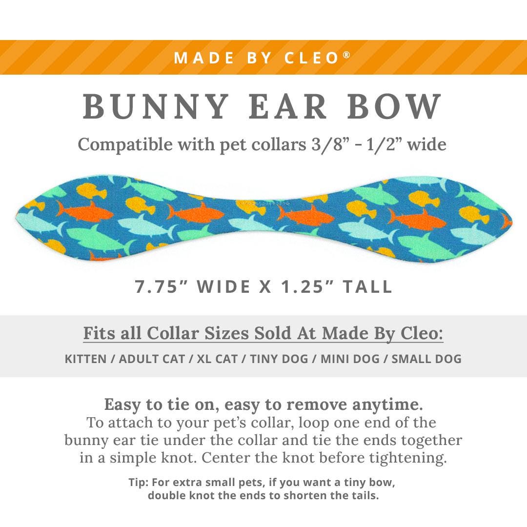 Cat Collar & Bunny Ear Bow Set - "Fintastic" - Blue Shark & Fish Cat Collar w/ Matching Bunny Bow Tie / Tie-On Scarf / Cat, Kitten + Small Dog Sizes