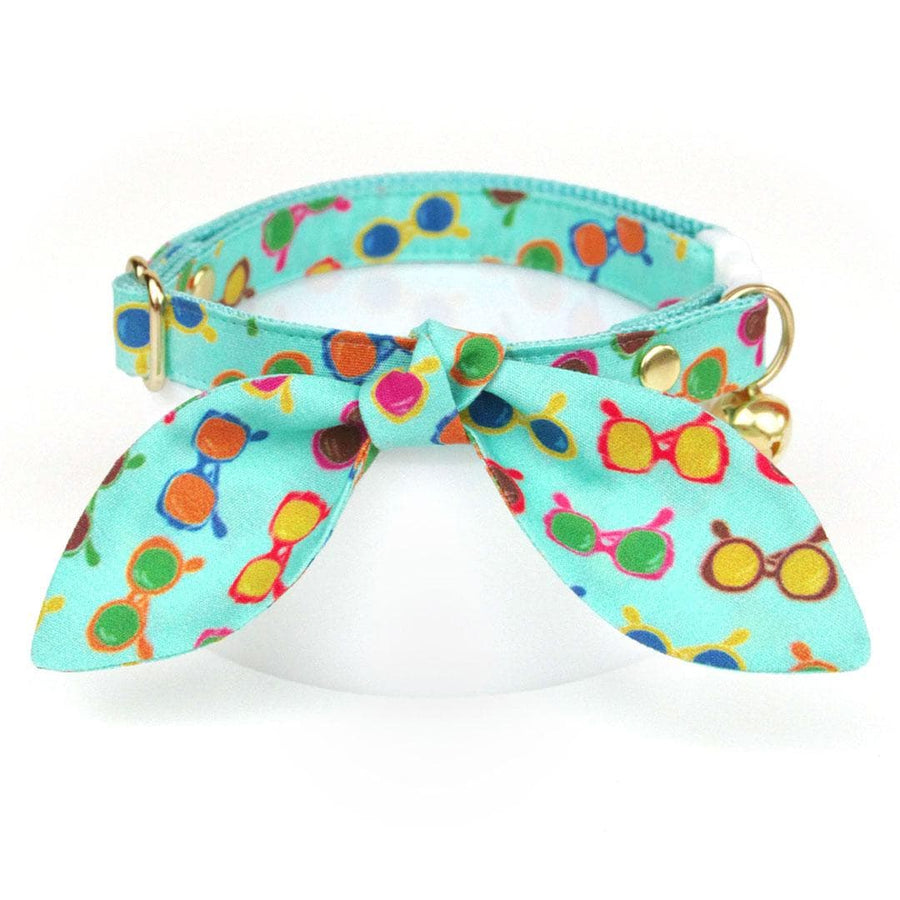 Cat Collar & Bunny Ear Bow Set - "Poolside" - Sunglasses Cat Collar w/ Matching Bunny Bow Tie / Tie-On Scarf / Cat, Kitten + Small Dog Sizes