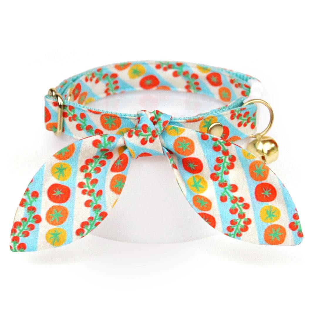 Cat Collar & Bunny Ear Bow Set - "Tomato Trellis" - Garden Tomatoes Cat Collar w/ Matching Bunny Bow Tie / Tie-On Scarf / Cat, Kitten + Small Dog Sizes