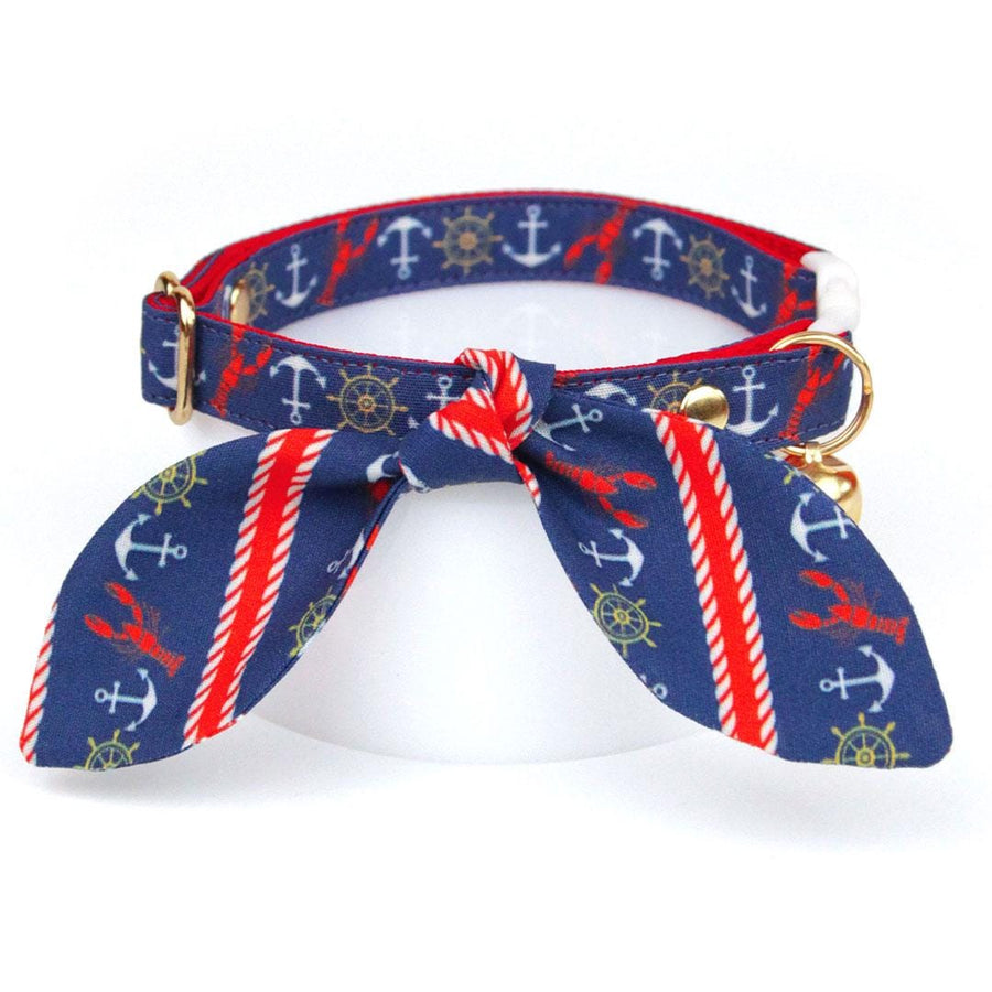 Cat Collar & Bunny Ear Bow Set - "Nautical Navy" - Anchors & Lobsters Cat Collar w/ Matching Bunny Bow Tie / Sailing, 4th of July, Sea, Preppy / Tie-On Scarf / Cat, Kitten + Small Dog Sizes