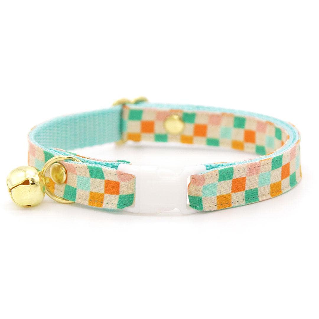 Checkered Bow Tie Cat Collar Set - "Checkmate" - Retro Pastel Checked Cat Collar w/ Bowtie / Fun, Trendy, Groovy Y2K Cat, Kitten, Small Dog