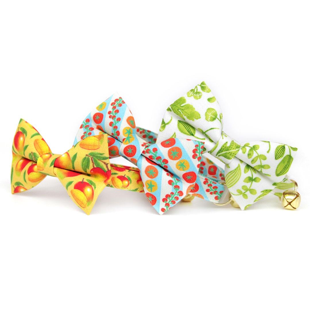 Bow Tie Cat Collar Set - "Tomato Trellis" - Retro Striped Garden Tomato Cat Collar with Bow Tie / Summer, Cherry Tomatoes, Fruits & Veggies / Cat, Kitten, Small Dog Sizes