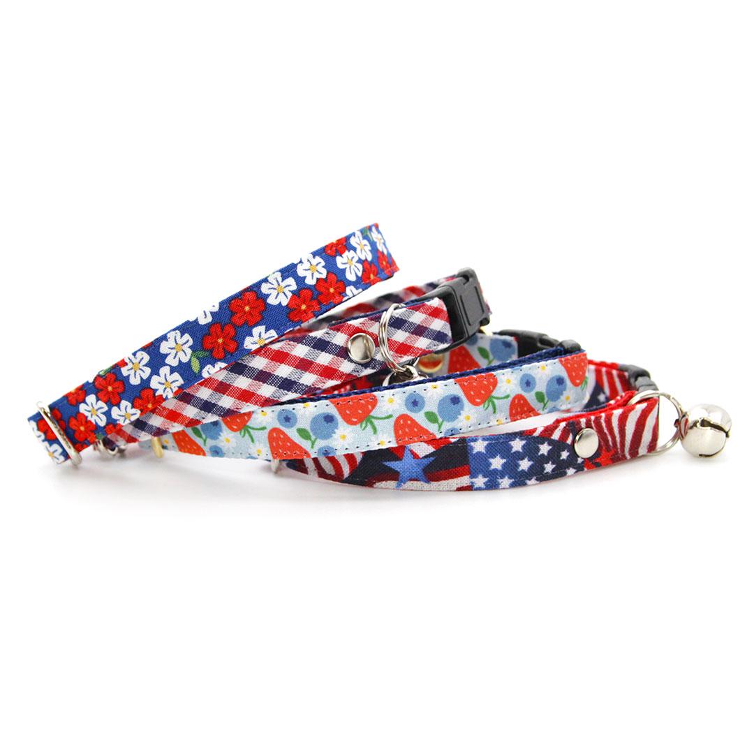 Cat Collar & Bunny Ear Bow Set - "Heritage" - Red Blue Gingham Check Plaid Cat Collar w/ Matching Bunny Bow Tie / Patriotic, Preppy, 4th of July / Tie-On Scarf / Cat, Kitten + Small Dog Sizes