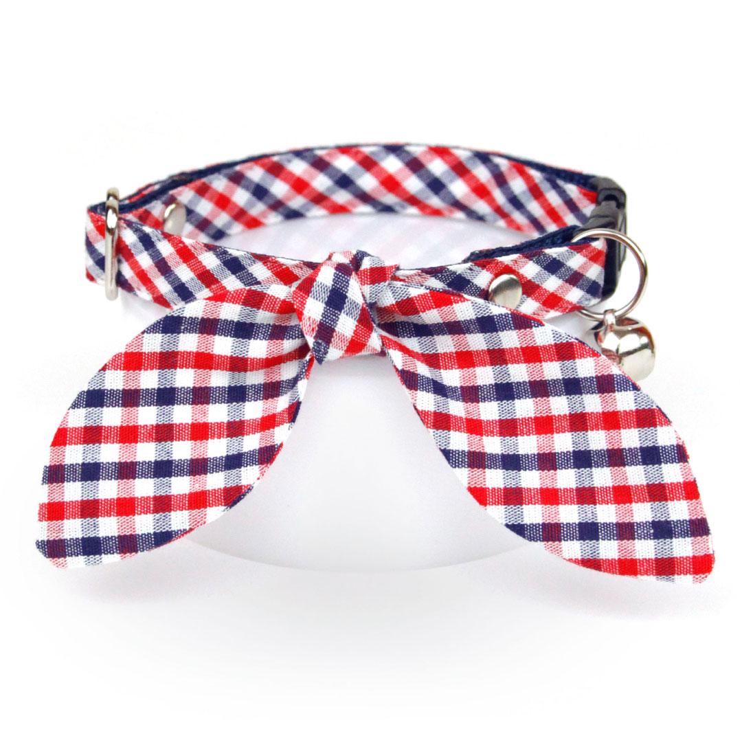 Cat Collar & Bunny Ear Bow Set - "Heritage" - Red Blue Gingham Check Plaid Cat Collar w/ Matching Bunny Bow Tie / Patriotic, Preppy, 4th of July / Tie-On Scarf / Cat, Kitten + Small Dog Sizes