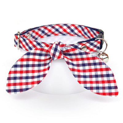 Cat Collar - "Heritage" - Gingham Red White & Blue Plaid Cat Collar / Patriotic, Independence Day, 4th of July / Breakaway Buckle or Non-Breakaway / Cat, Kitten + Small Dog Sizes